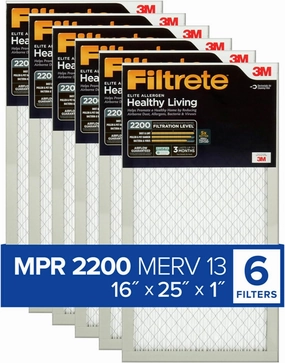 Filtrete 16x25x1 AC Furnace Air Filter, MERV 13, MPR 2200, Elite Allergen, Bacteria & Virus Filter, 3-Month Pleated 1-Inch Electrostatic Air Cleaning Filter, 6-Pack (Actual Size 15.69x24.69x0.78 in)
