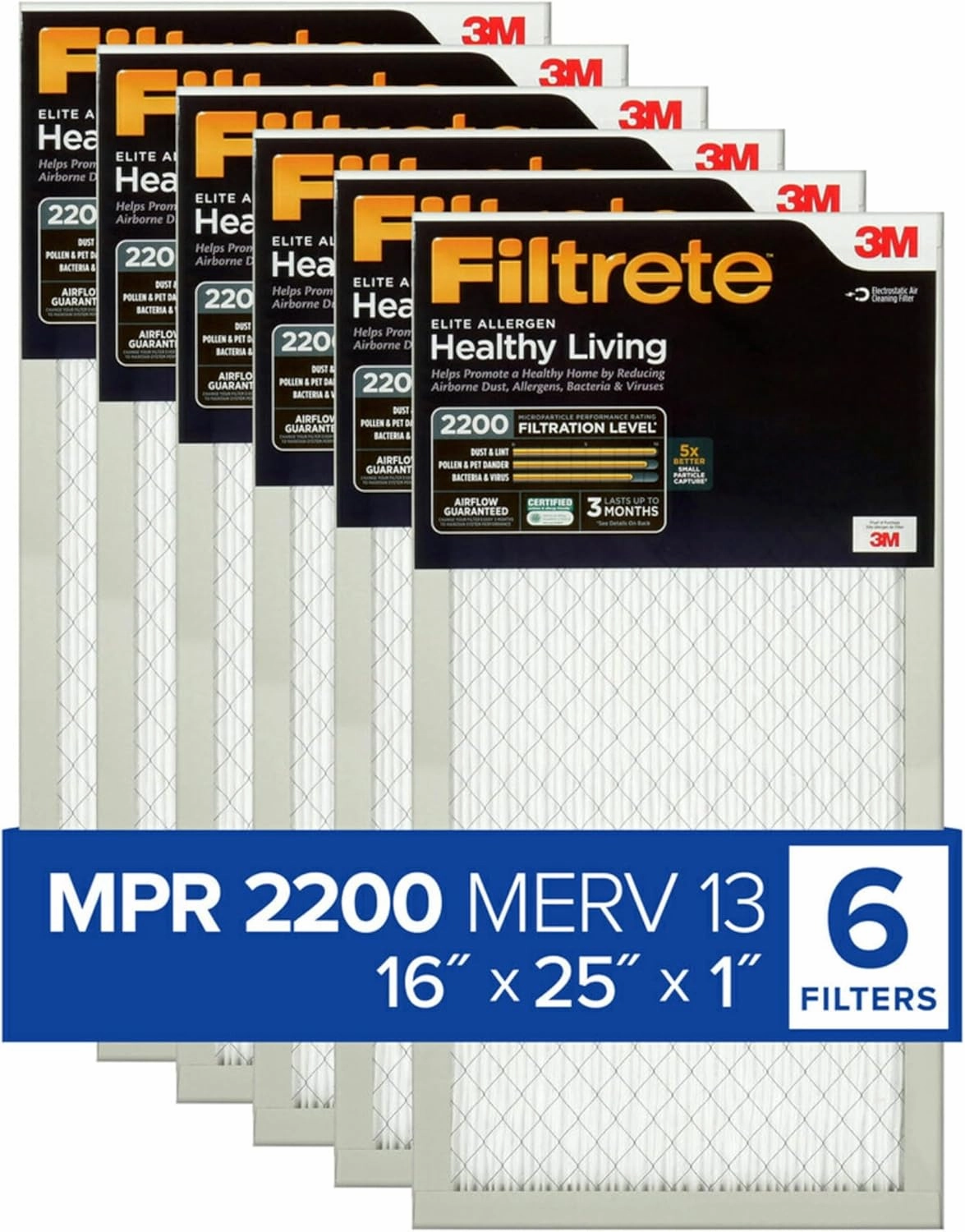 Filtrete 16x25x1 AC Furnace Air Filter, MERV 13, MPR 2200, Elite Allergen, Bacteria & Virus Filter, 3-Month Pleated 1-Inch Electrostatic Air Cleaning Filter, 6-Pack (Actual Size 15.69x24.69x0.78 in)