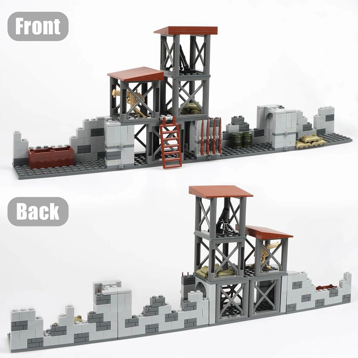 Finger Rock Military Base Building Block Set, WW2 Army Mini War Accessories Kits, Military Ruins Guard Tower Guns Army Supplies Block Toy for Kids 8 10 12 14