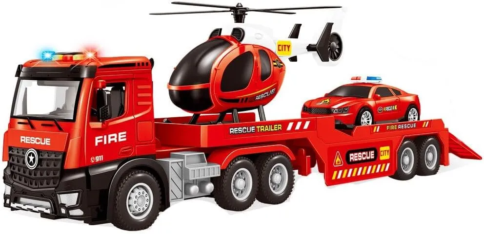 Fire Truck Toys for Toddler Boy 3 4 5 6 Year Old, 22" Carrier Truck Toy with Racing Car and Helicopter, Big Firetruck with Openable Doors & Sounds & Lights, Birthday Gifts for Kids Child