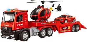 Fire Truck Toys for Toddler Boy 3 4 5 6 Year Old, 22" Carrier Truck Toy with Racing Car and Helicopter, Big Firetruck with Openable Doors & Sounds & Lights, Birthday Gifts for Kids Child