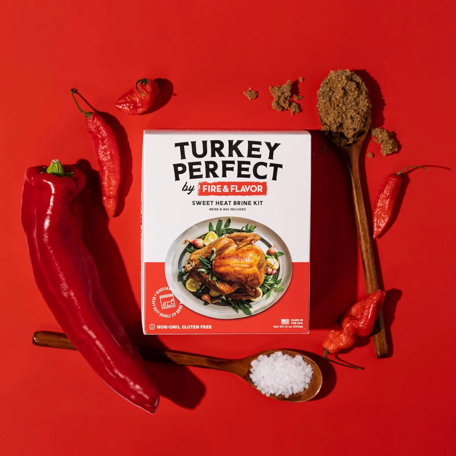 Fire & Flavor Sweet Heat Turkey Brine Kit - Seasonings for Roasting, Grilling, Smoking, and Frying Turkeys - Includes Brining Bag