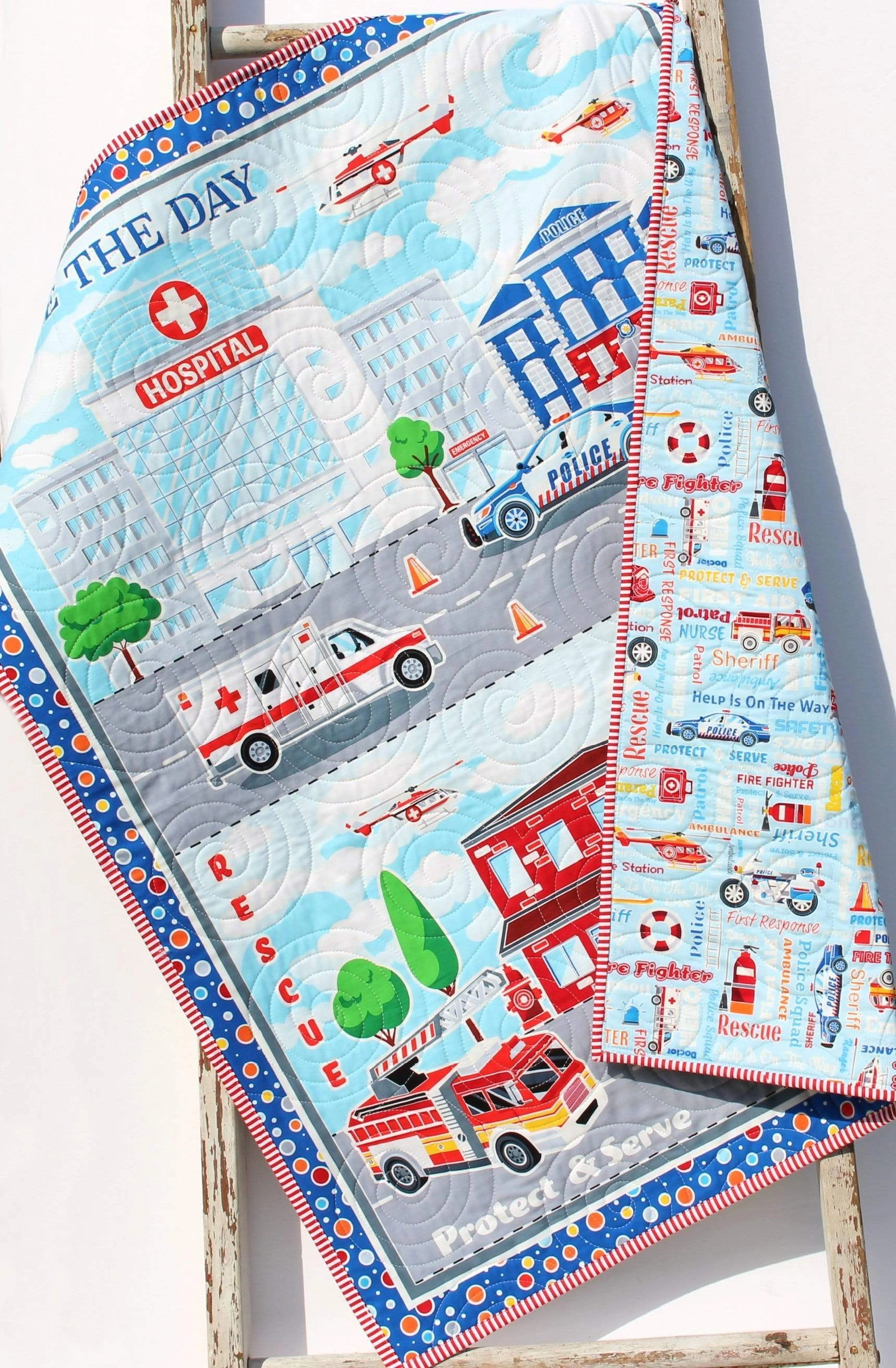 First Responders Handmade Baby Quilt Fire Truck Baby Blanket Police Nursery Bedding Rescue Ambulance Helicopter Safety Hero Boy or Girl