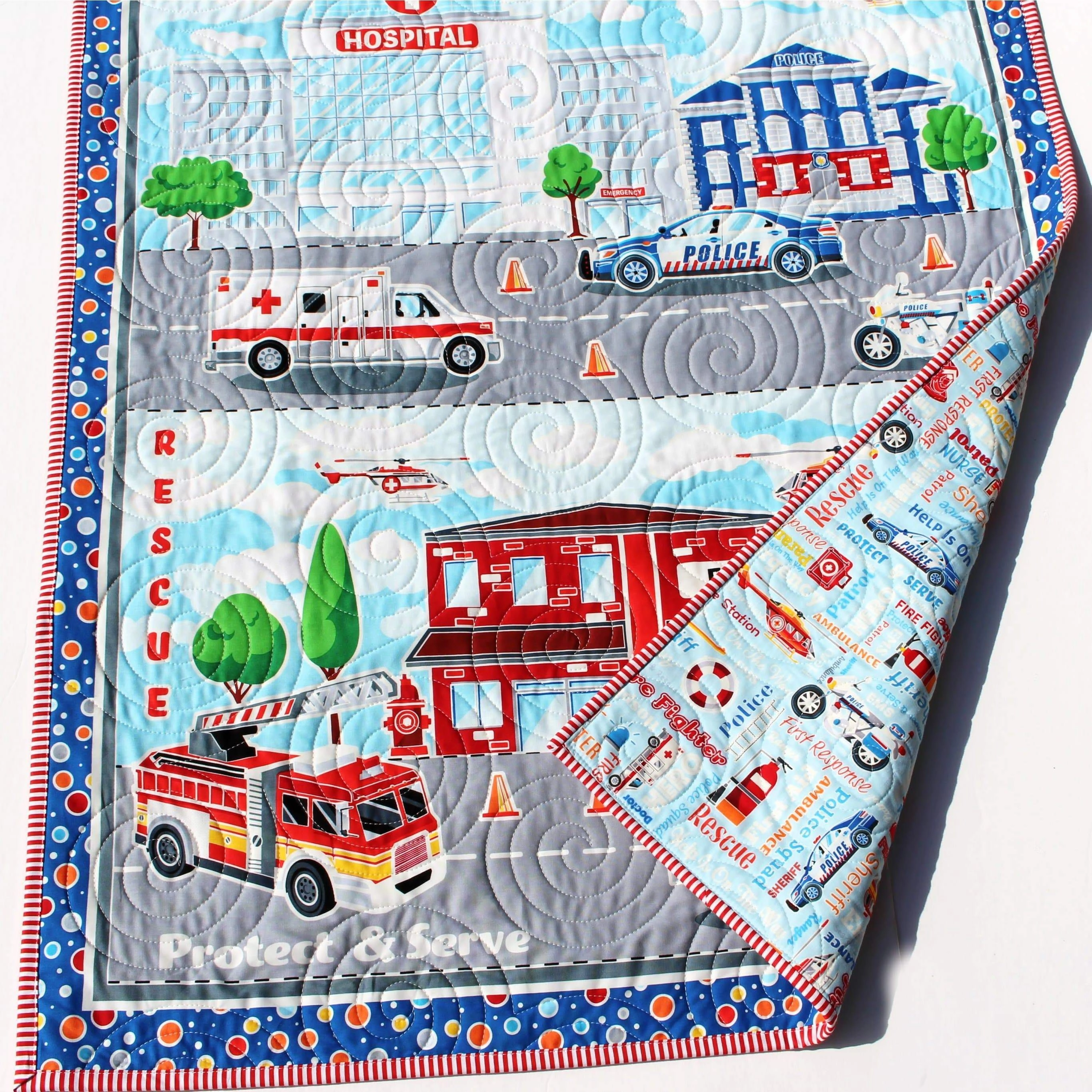 First Responders Handmade Baby Quilt Fire Truck Baby Blanket Police Nursery Bedding Rescue Ambulance Helicopter Safety Hero Boy or Girl