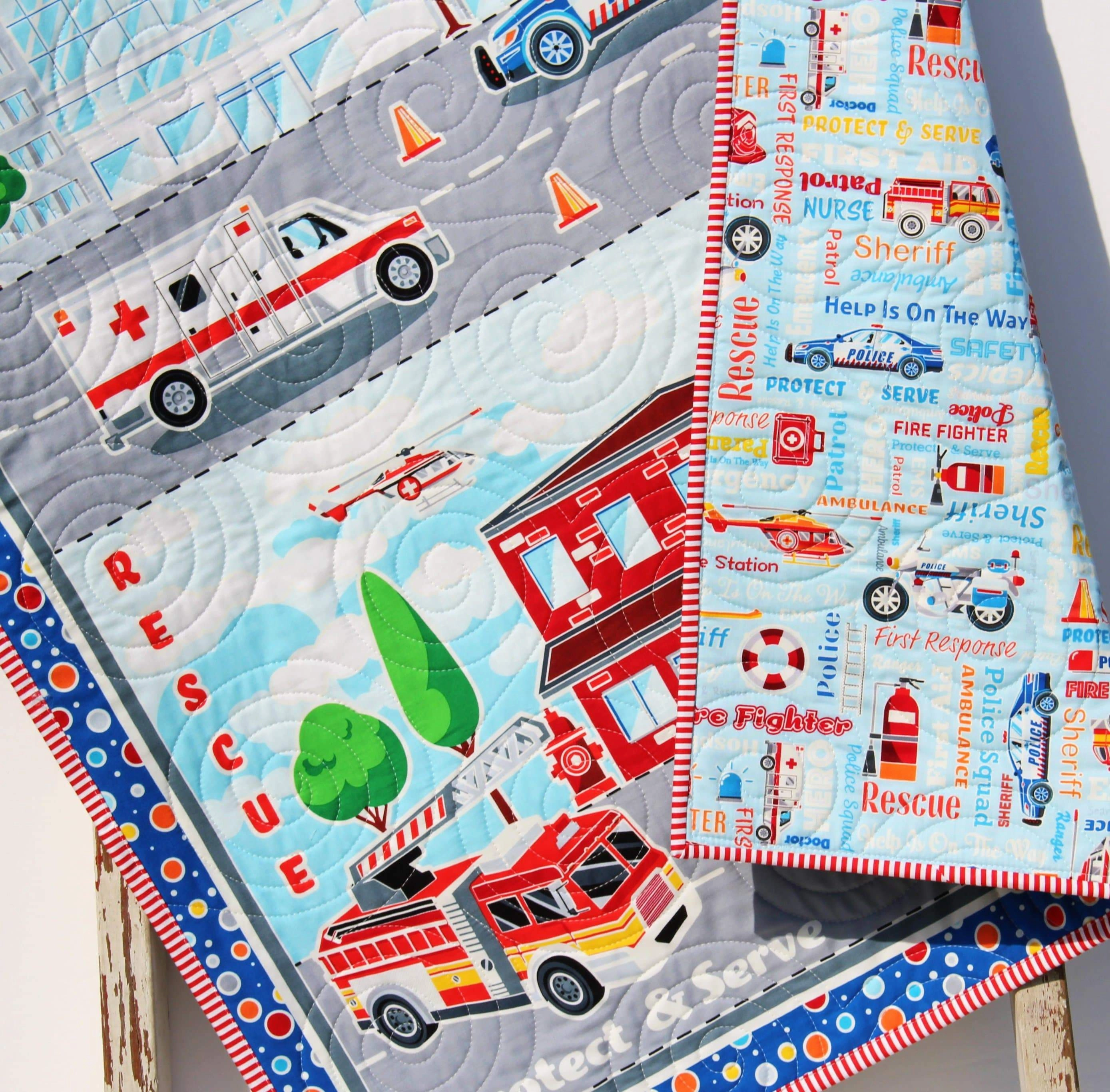 First Responders Handmade Baby Quilt Fire Truck Baby Blanket Police Nursery Bedding Rescue Ambulance Helicopter Safety Hero Boy or Girl