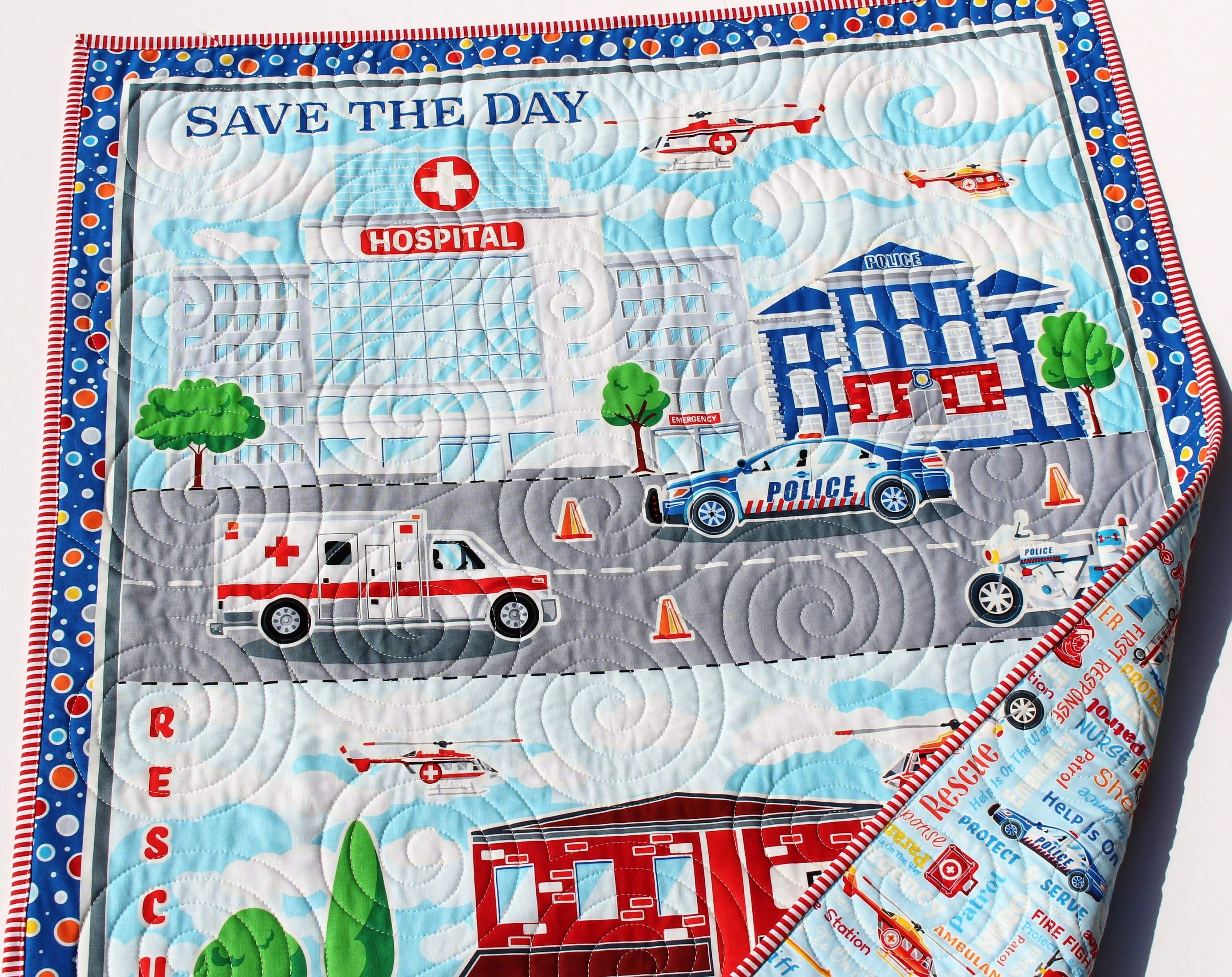 First Responders Handmade Baby Quilt Fire Truck Baby Blanket Police Nursery Bedding Rescue Ambulance Helicopter Safety Hero Boy or Girl