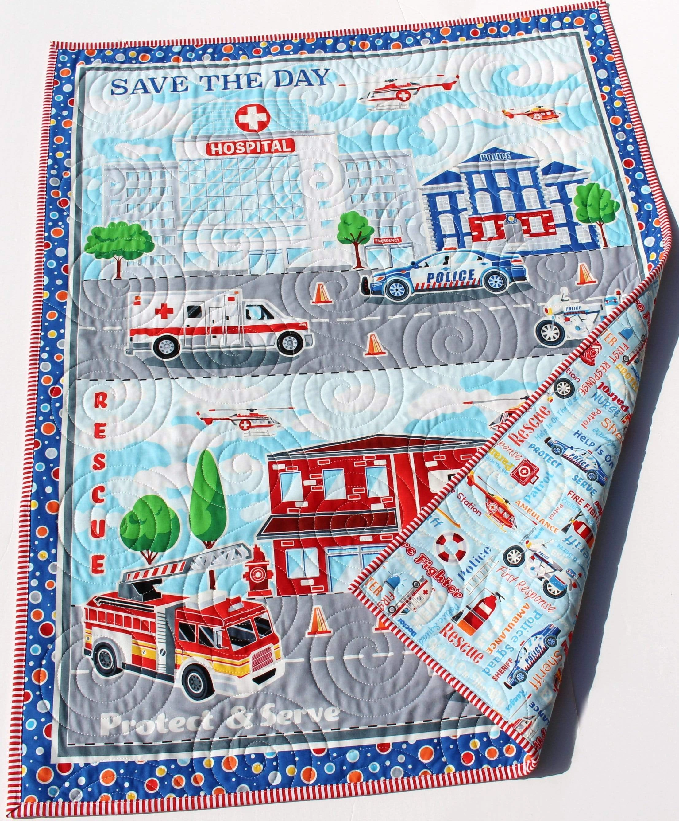 First Responders Handmade Baby Quilt Fire Truck Baby Blanket Police Nursery Bedding Rescue Ambulance Helicopter Safety Hero Boy or Girl
