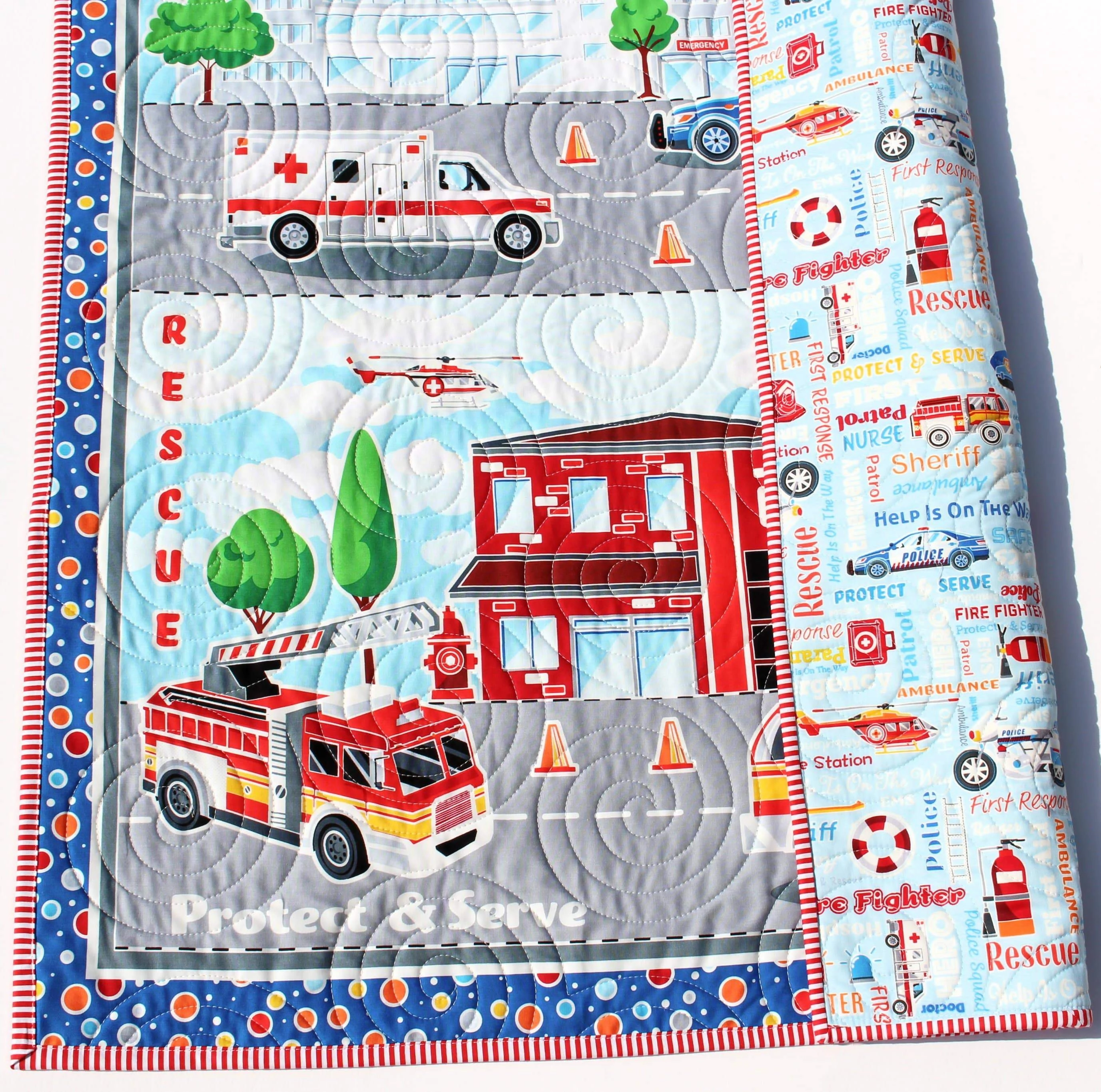 First Responders Handmade Baby Quilt Fire Truck Baby Blanket Police Nursery Bedding Rescue Ambulance Helicopter Safety Hero Boy or Girl
