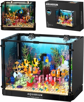 Fish Tank Building Blocks Set with Lighted Aquarium, Ocean Theme Clown Fish, Marine Plants, STEM Toys Creative Birthday Gifts for Kids 8 