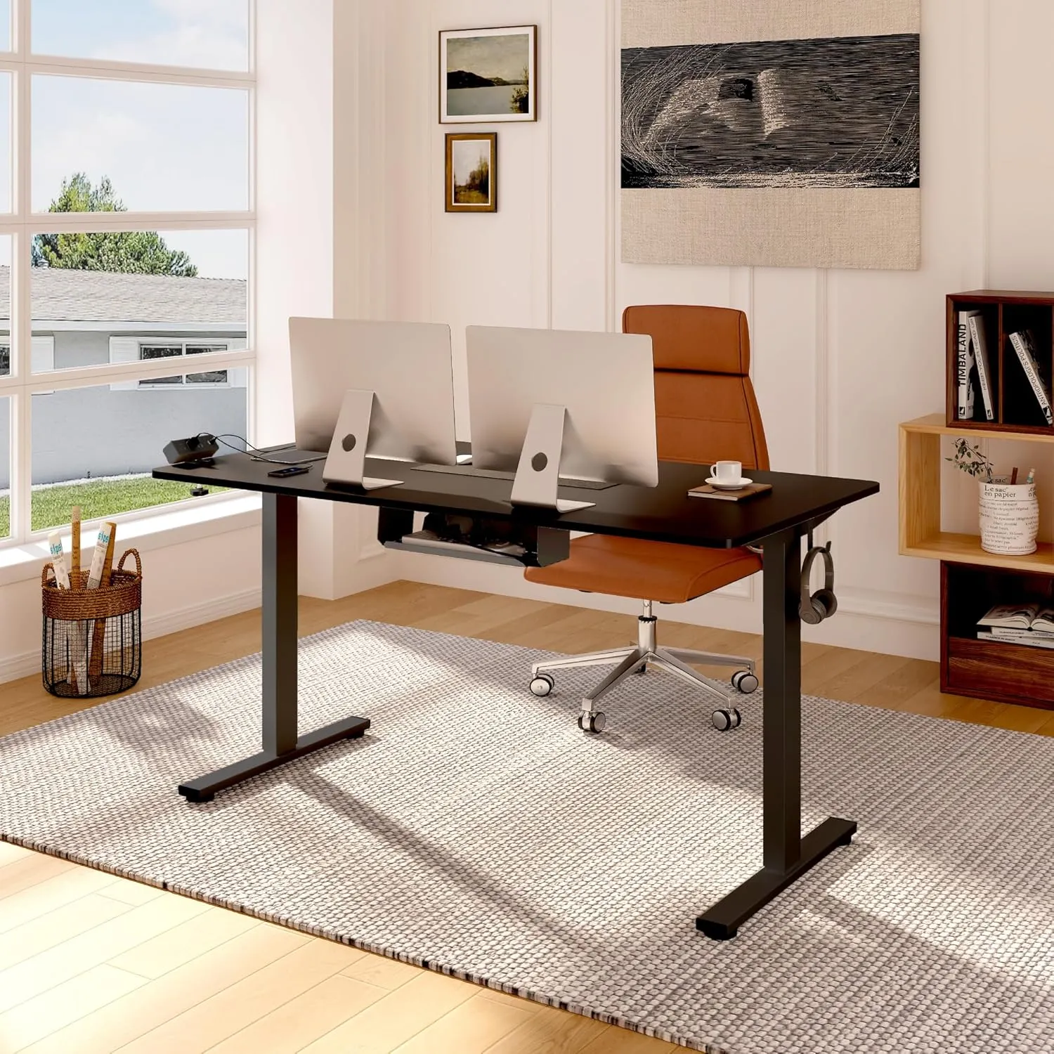 FLEXISPOT EN2 Whole-Piece Standing Desk with Clamp Power Strip, 55 x 28” Electric Stand Up Height Adjustable Desk with Cable Management (Black Frame   55" Black Top, 2 Packages)