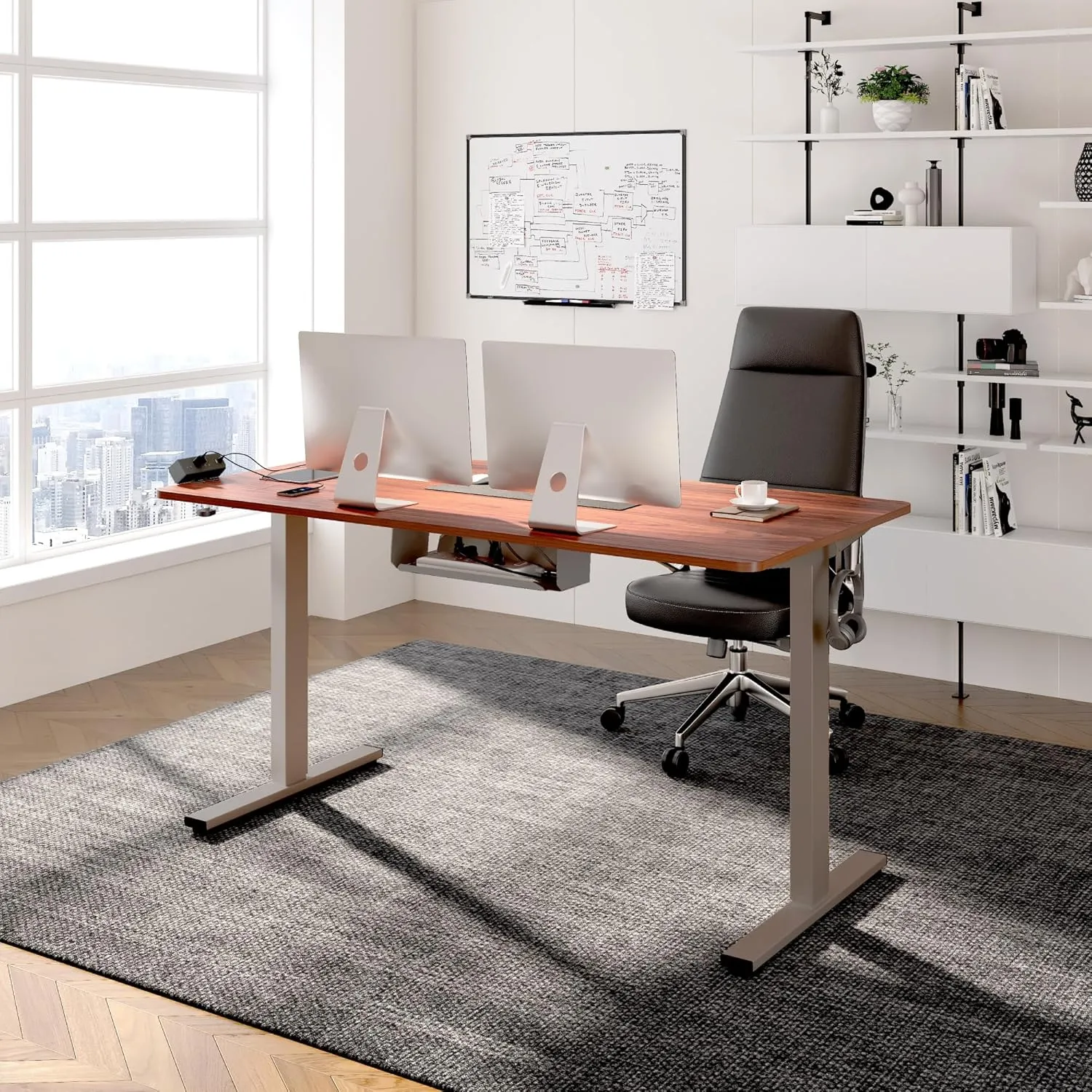 FLEXISPOT EN2 Whole-Piece Standing Desk with Clamp Power Strip, 55 x 28” Electric Stand Up Height Adjustable Desk with Cable Management (Gray Frame   55" Mahogany Top, 2 Packages)