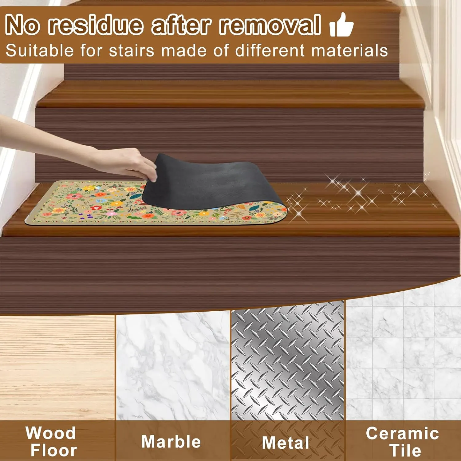Floral Stair Treads for Wooden Steps Non-Slip 8"X30" 15PCS Beige Stair Carpet Rubber Backing Stair Runner Washable Reusable Stair Rugs Indoor Safety Stair Mats for Elders Kids Dogs