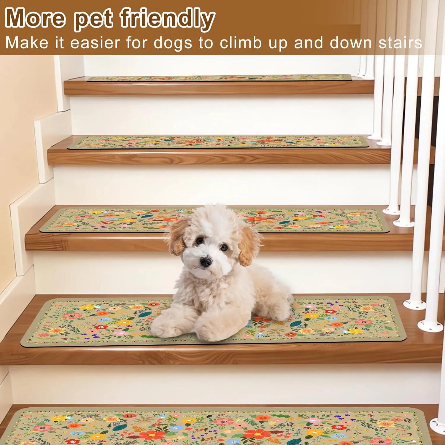Floral Stair Treads for Wooden Steps Non-Slip 8"X30" 15PCS Beige Stair Carpet Rubber Backing Stair Runner Washable Reusable Stair Rugs Indoor Safety Stair Mats for Elders Kids Dogs