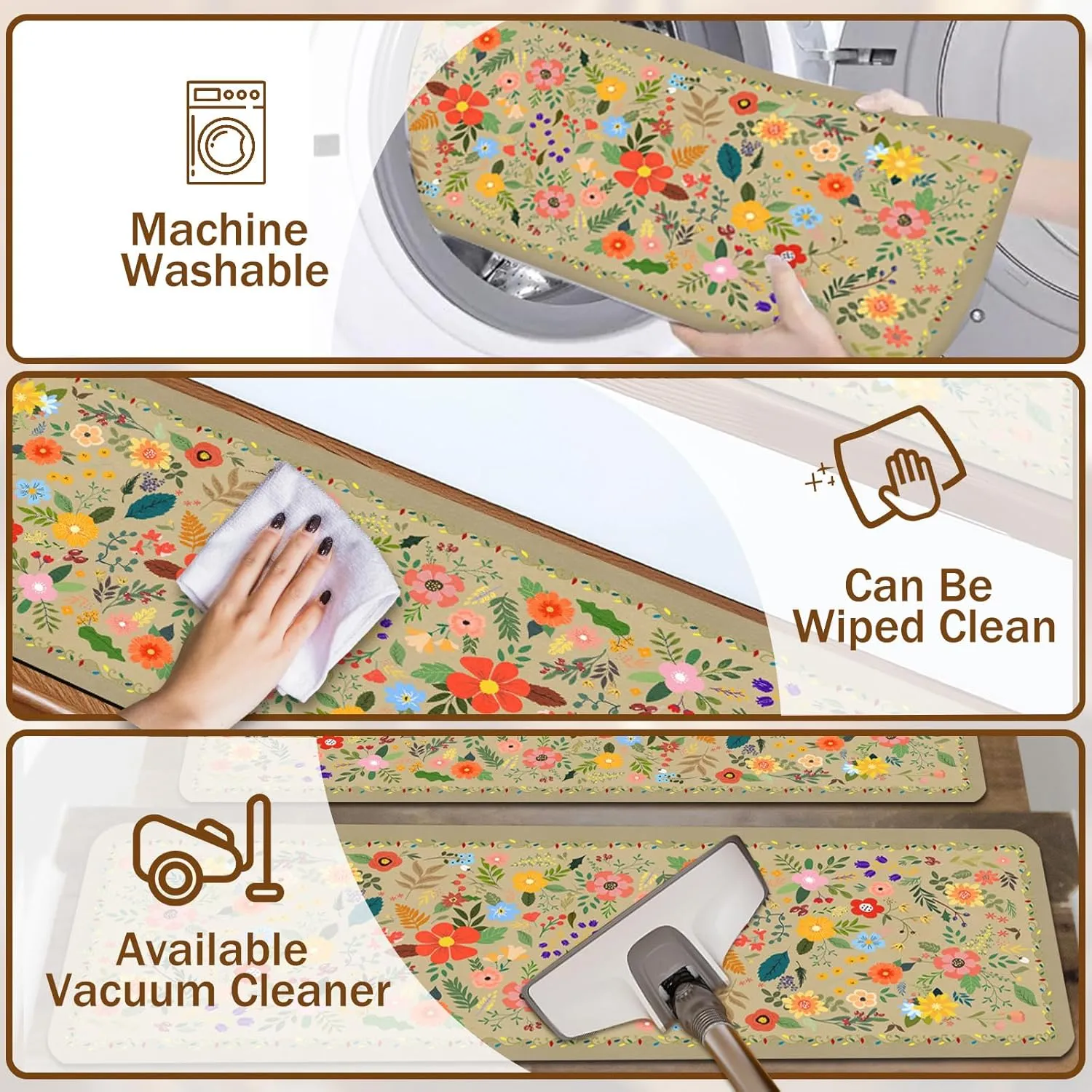 Floral Stair Treads for Wooden Steps Non-Slip 8"X30" 15PCS Beige Stair Carpet Rubber Backing Stair Runner Washable Reusable Stair Rugs Indoor Safety Stair Mats for Elders Kids Dogs