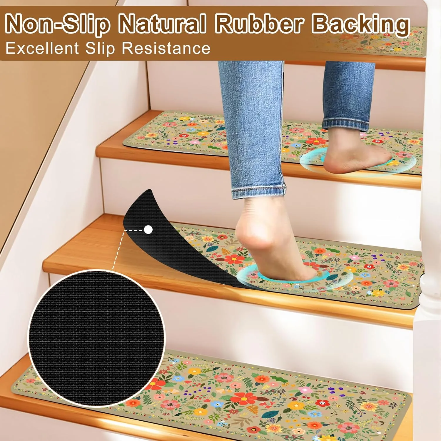 Floral Stair Treads for Wooden Steps Non-Slip 8"X30" 15PCS Beige Stair Carpet Rubber Backing Stair Runner Washable Reusable Stair Rugs Indoor Safety Stair Mats for Elders Kids Dogs