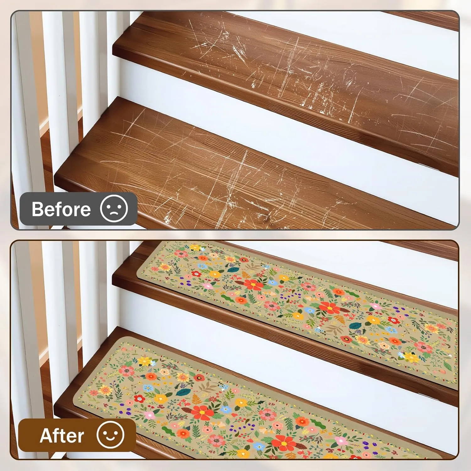 Floral Stair Treads for Wooden Steps Non-Slip 8"X30" 15PCS Beige Stair Carpet Rubber Backing Stair Runner Washable Reusable Stair Rugs Indoor Safety Stair Mats for Elders Kids Dogs