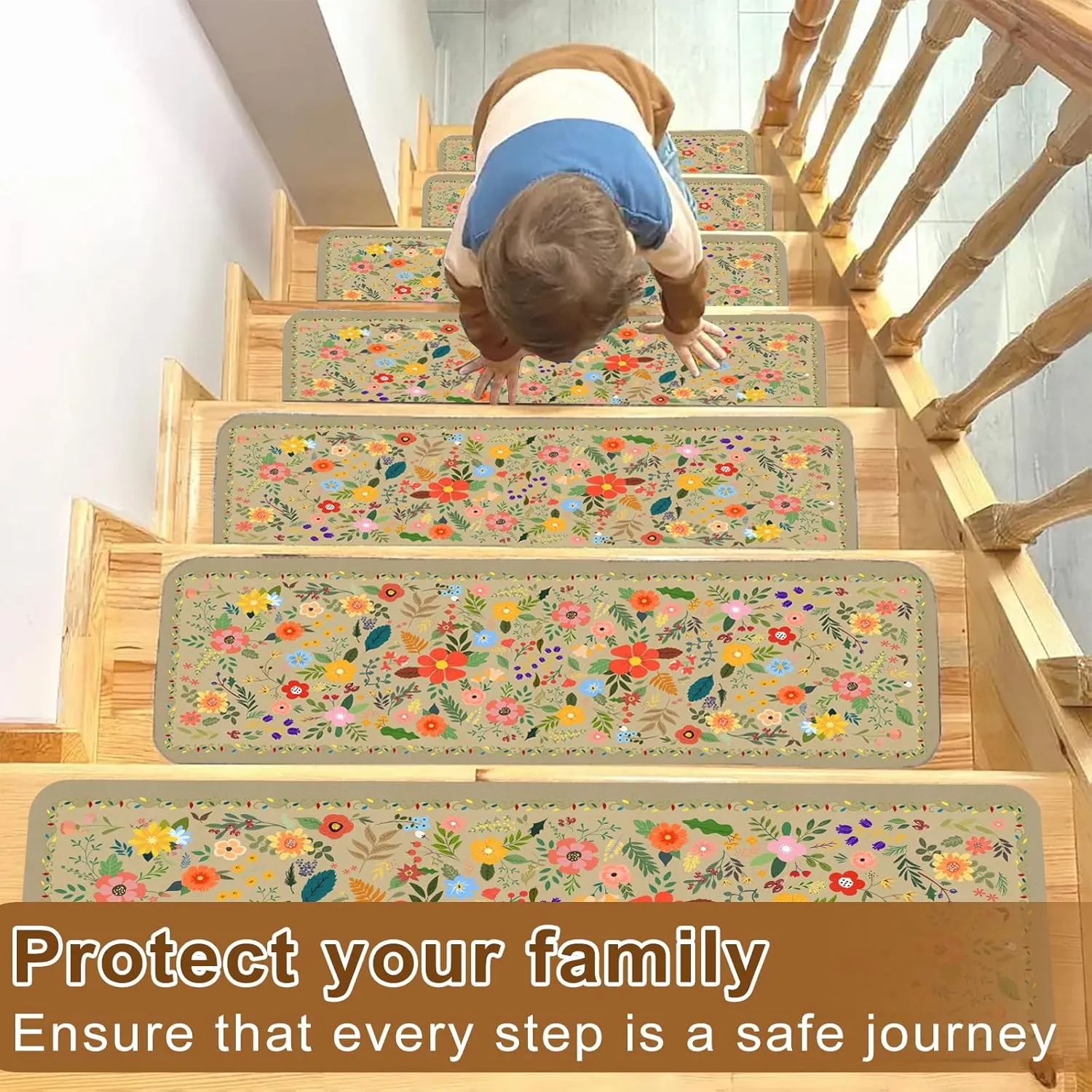 Floral Stair Treads for Wooden Steps Non-Slip 8"X30" 15PCS Beige Stair Carpet Rubber Backing Stair Runner Washable Reusable Stair Rugs Indoor Safety Stair Mats for Elders Kids Dogs