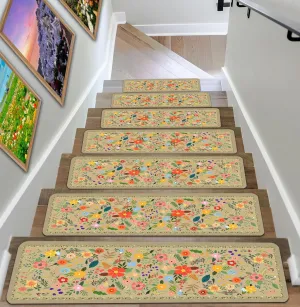 Floral Stair Treads for Wooden Steps Non-Slip 8"X30" 15PCS Beige Stair Carpet Rubber Backing Stair Runner Washable Reusable Stair Rugs Indoor Safety Stair Mats for Elders Kids Dogs