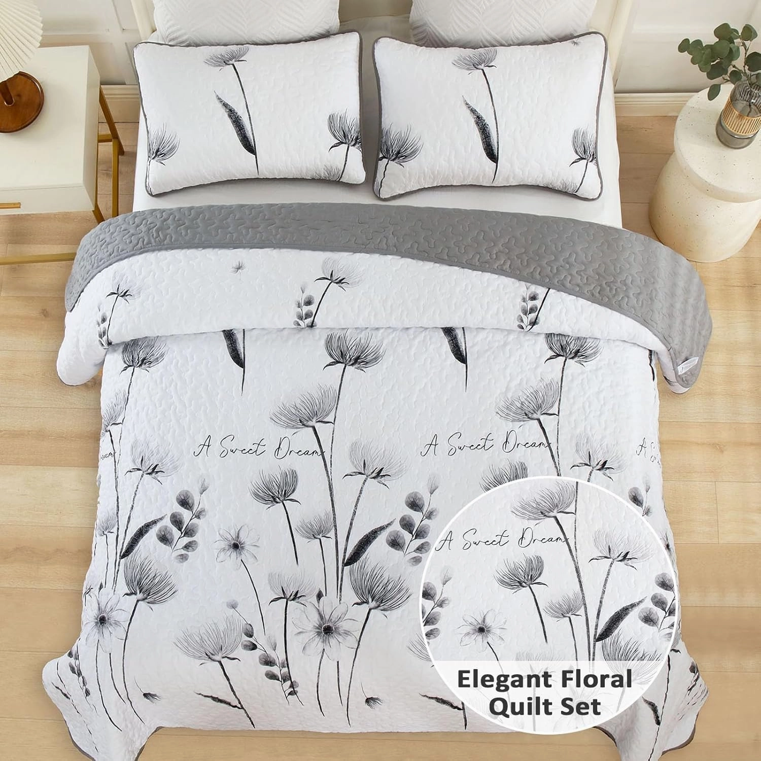 Floral Quilt Set Queen Size,Grey and White Bedspread Coverlet Botanical 3 Pieces Summer Quilts Microfiber Lightweight Flower Bedspreads Soft Reversible Bed Cover Sets for All Season(Queen, 90"x96")