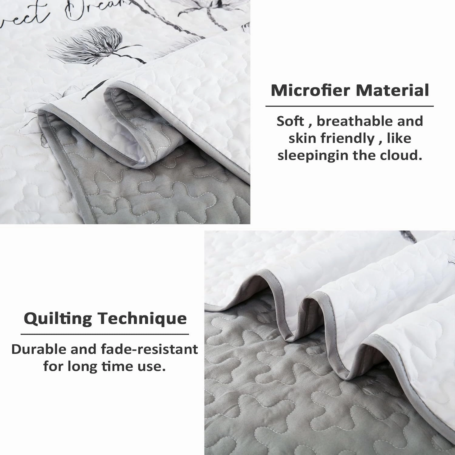Floral Quilt Set Queen Size,Grey and White Bedspread Coverlet Botanical 3 Pieces Summer Quilts Microfiber Lightweight Flower Bedspreads Soft Reversible Bed Cover Sets for All Season(Queen, 90"x96")