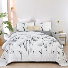 Floral Quilt Set Queen Size,Grey and White Bedspread Coverlet Botanical 3 Pieces Summer Quilts Microfiber Lightweight Flower Bedspreads Soft Reversible Bed Cover Sets for All Season(Queen, 90"x96")