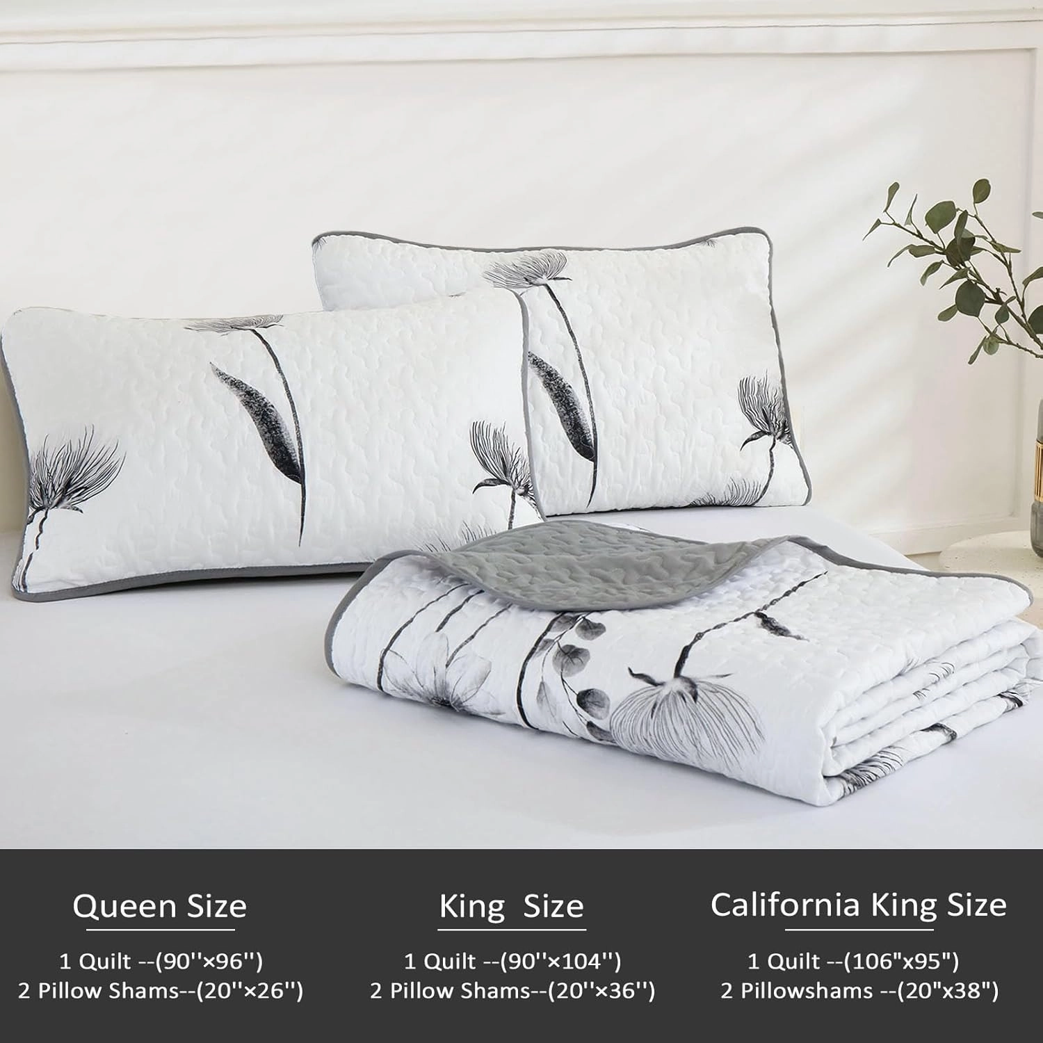 Floral Quilt Set Queen Size,Grey and White Bedspread Coverlet Botanical 3 Pieces Summer Quilts Microfiber Lightweight Flower Bedspreads Soft Reversible Bed Cover Sets for All Season(Queen, 90"x96")