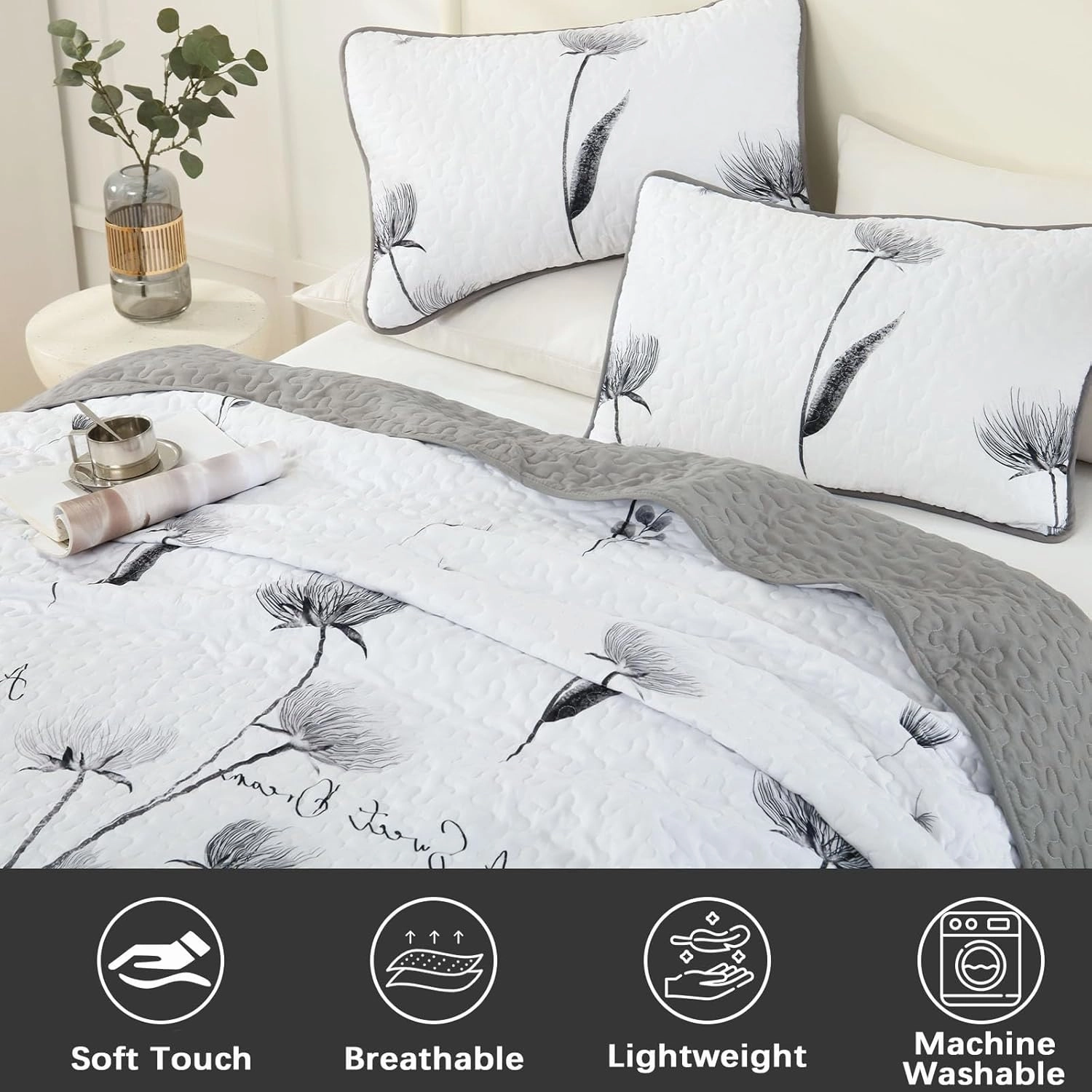 Floral Quilt Set Queen Size,Grey and White Bedspread Coverlet Botanical 3 Pieces Summer Quilts Microfiber Lightweight Flower Bedspreads Soft Reversible Bed Cover Sets for All Season(Queen, 90"x96")