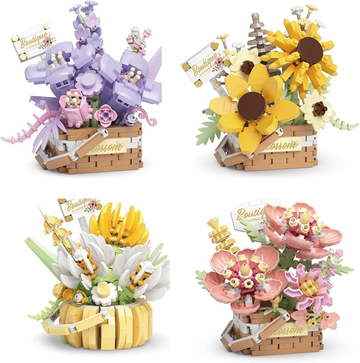 Flower Bouquet Building Decoration Bonsai Basket Miniature Blocks Set, Artificial Flowers Toys Botanical Collection DIY Unique Home Decoration (4set)