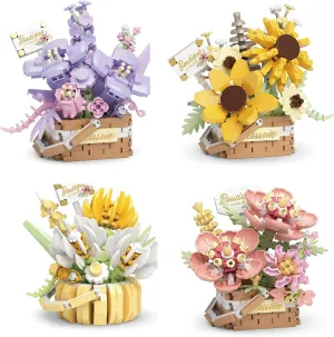 Flower Bouquet Building Decoration Bonsai Basket Miniature Blocks Set, Artificial Flowers Toys Botanical Collection DIY Unique Home Decoration (4set)