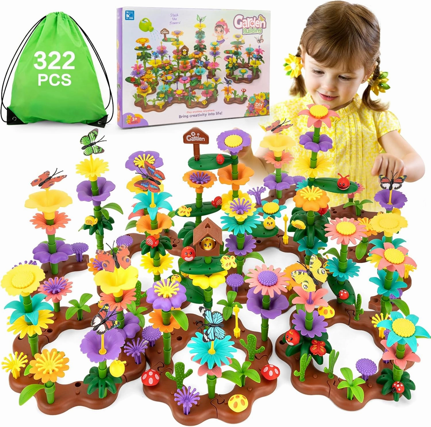 Flower Garden Building Toys for Girls: 322 PCS Kids Gardening Kit Set Gifts for 3 4 5 6 7 Year Old Toddler
