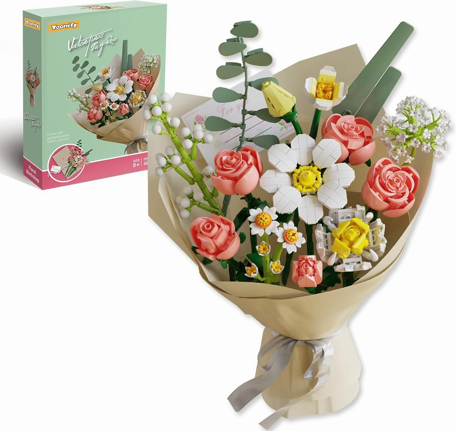 Flowers Bouquet Building Sets with Packaging Paper and Ribbon, Roses Botanical Collection Building Block Toy for Adults and Kids, Home Office Decor Gift for Mother's Day - 864 PCS