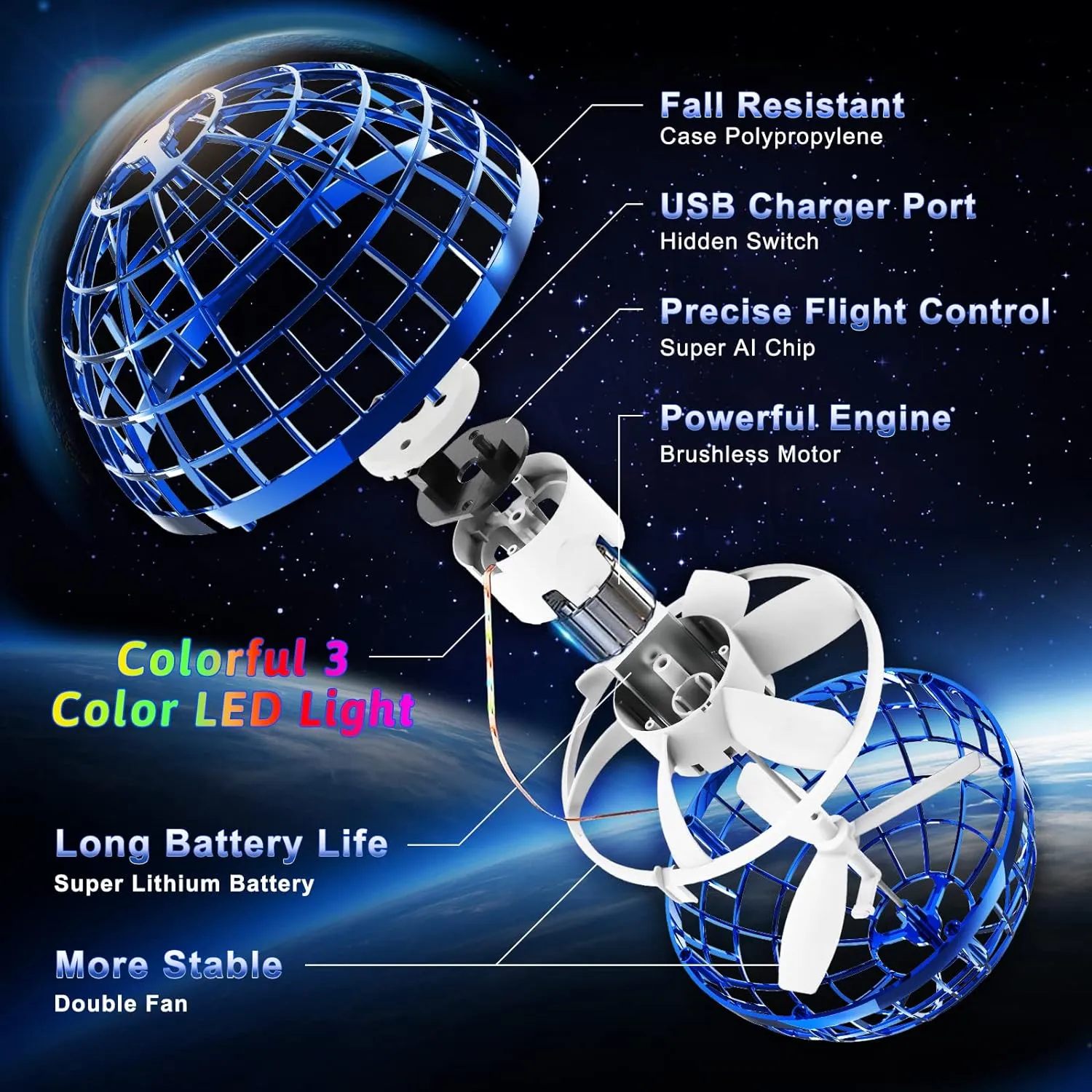 Flying Orb Ball Toys 2 Pack, Soaring Hover Boomerang Spinner Hand Controlled Mini Drone Cosmic Globe Spinning Kids Adults Outdoor Fly Toy Birthday Gift Cool Stuff for Boys Girls 6 7 8 9 10  Year Old