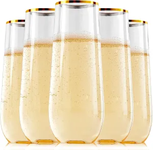 FOCUSLINE 24 Pack 9 Oz Plastic Stemless Gold Rim Champagne Flutes, Heavy Duty, Shatterproof, Disposable & Reusable Crystal Clear Toasting Glasses