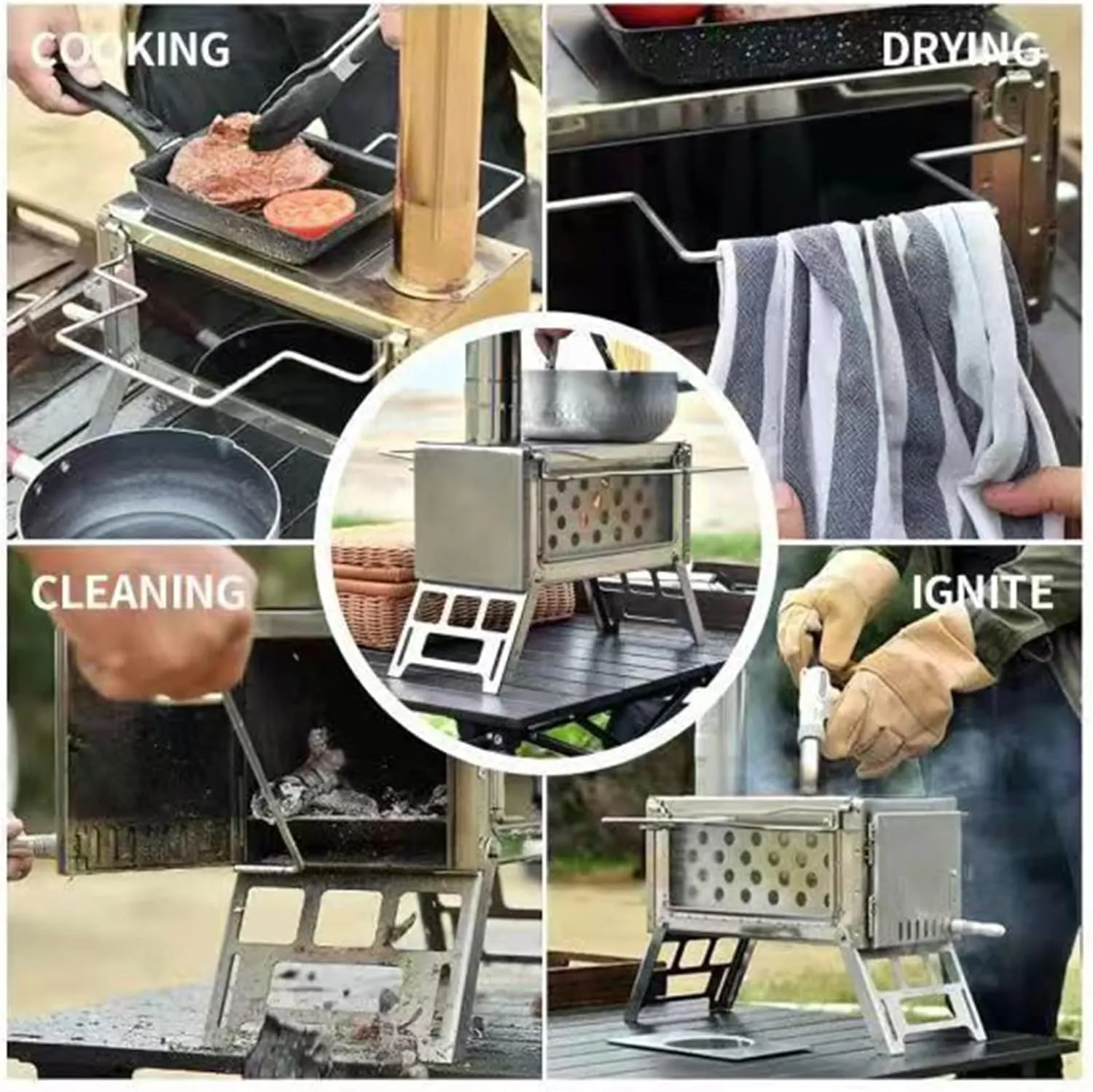 Foldable Camping Stove for Hot Tents, 304 Stainless Steel Wood Burning with Chimney Pipes Shelter