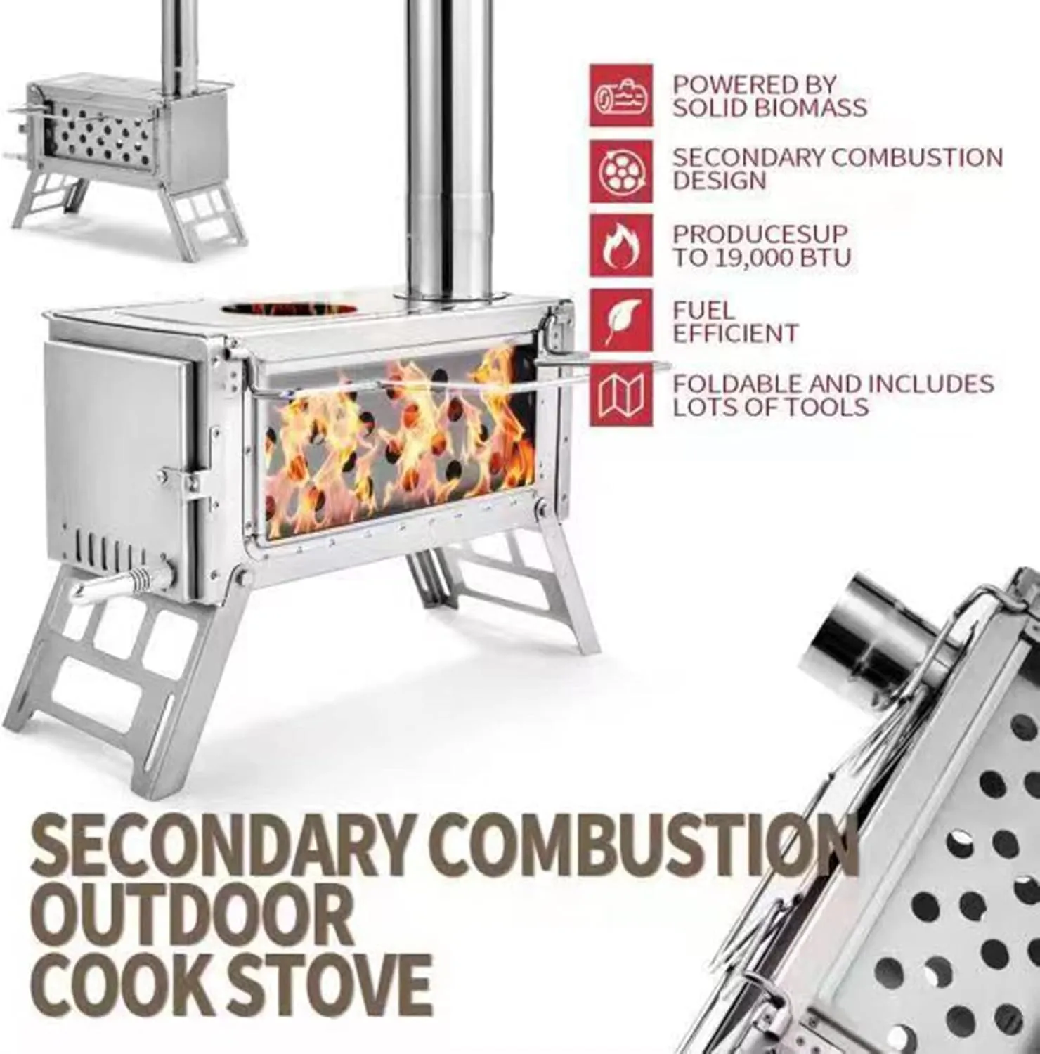 Foldable Camping Stove for Hot Tents, 304 Stainless Steel Wood Burning with Chimney Pipes Shelter