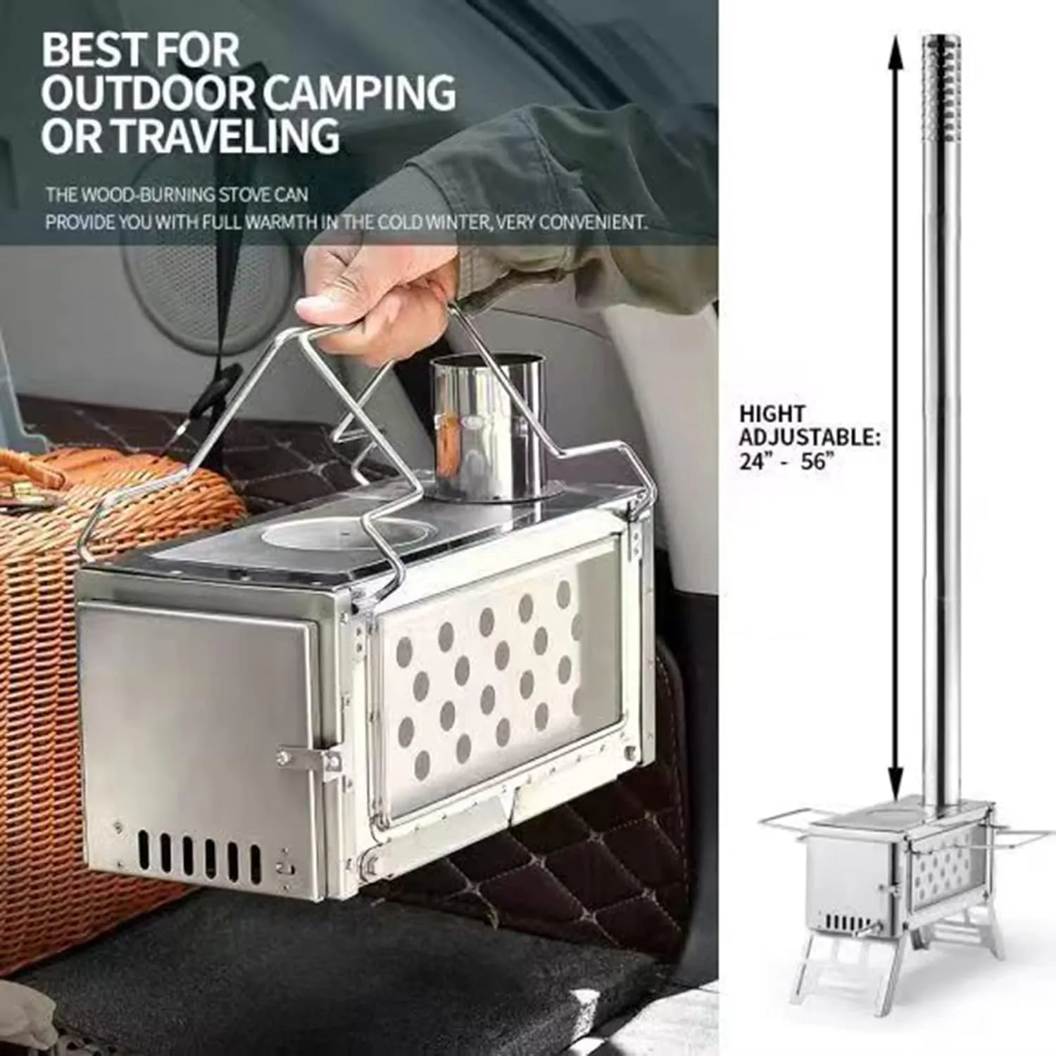 Foldable Camping Stove for Hot Tents, 304 Stainless Steel Wood Burning with Chimney Pipes Shelter