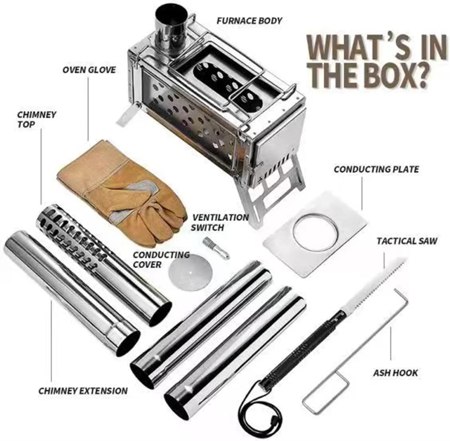 Foldable Camping Stove for Hot Tents, 304 Stainless Steel Wood Burning with Chimney Pipes Shelter