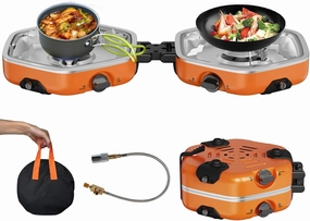 Foldable Gas Camping Stove, 17000 BTU Camping Stove Gas Portable   Grill, 2 Adjustable Burners & Piezo Ignition, for Cooking, Hiking, Camping, Trekking, Picnic