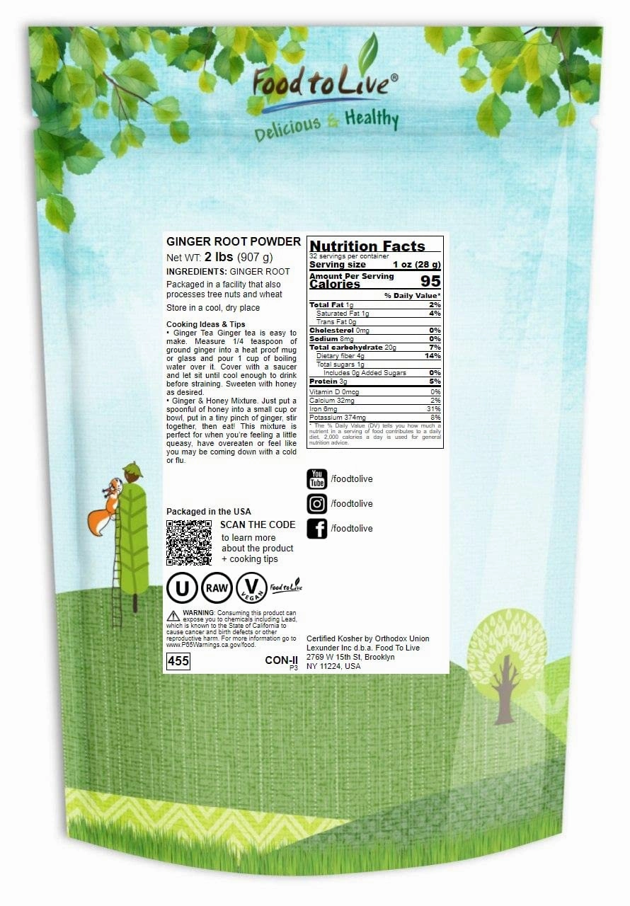 Food to Live Ginger Powder, 2 Pounds – Finely Ground Dried Ginger Root, Pure, Kosher, Vegan, Sirtfood. Bulk Ginger Spice with Spicy-Sweet Flavor. Great for Cooking Baked Goods, Tea, Dressings