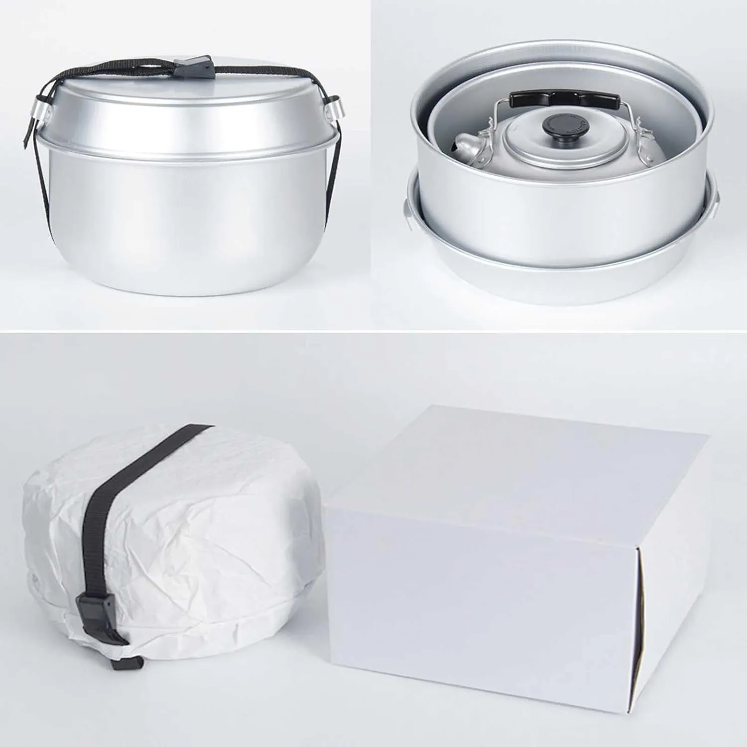 Four-Piece Outdoor Camping Aluminum Camping Household Frying Pan Dry Soup Kettle Storage is Portable and Light (Silver A)