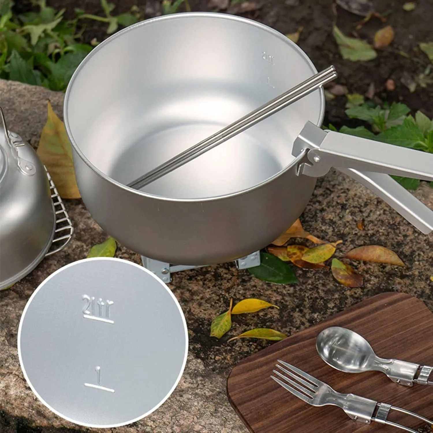 Four-Piece Outdoor Camping Aluminum Camping Household Frying Pan Dry Soup Kettle Storage is Portable and Light (Silver A)
