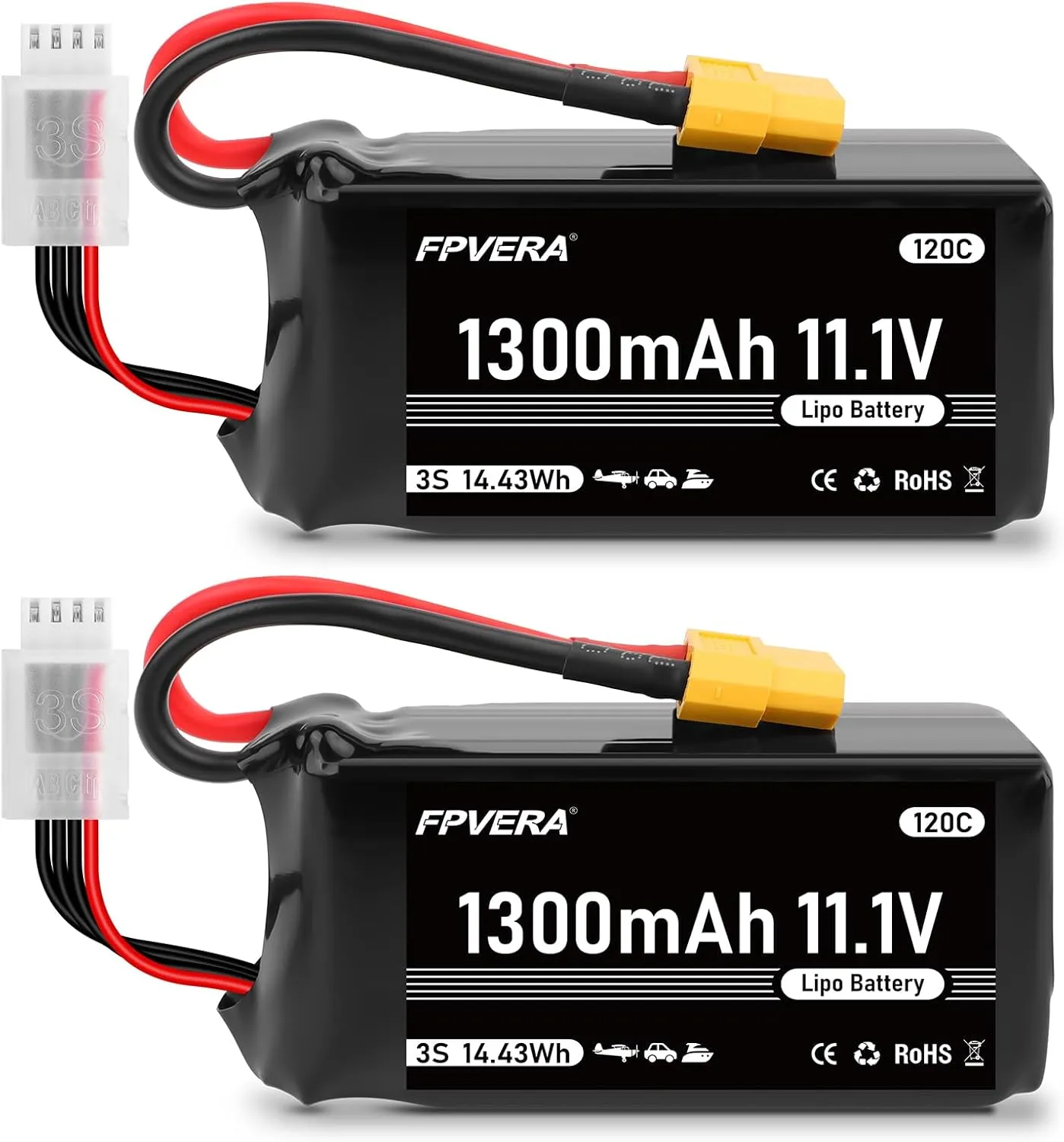 FPVERA 11.1V 120C 1300mAh 3S RC Lipo Battery with XT60 Plug for FPV Racing Drone Quadcopter Helicopter Airplane RC Boat RC Car RC Models(2 Pack)