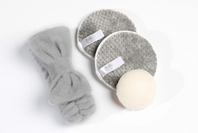 Freshy Face Set - Gray Bow Headband, Konjac Sponge (White), 2 Cleansing Pads (Gray)