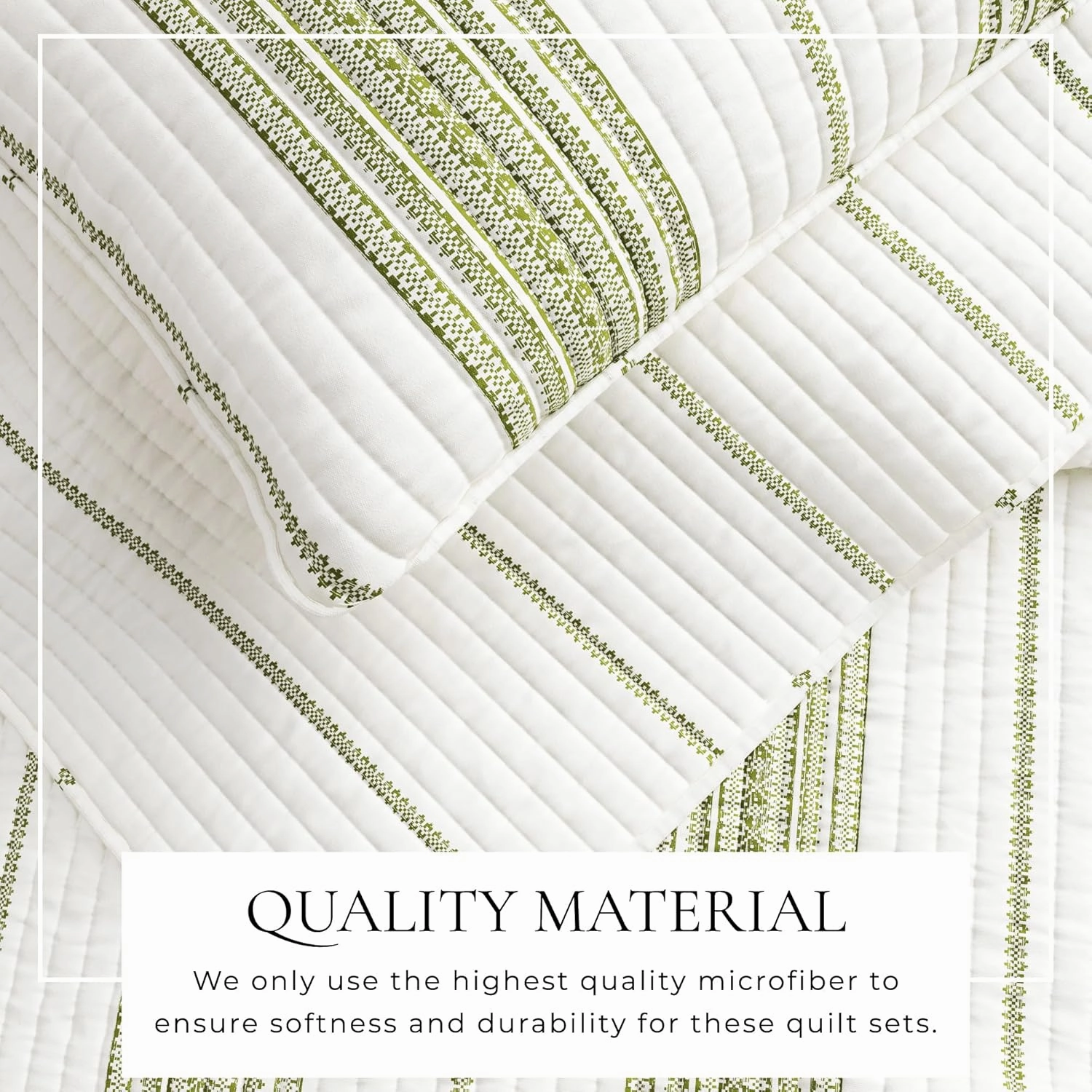 Full/Queen Reversible Quilt Bedding Set - All Season, Modern, Lightweight Bedspreads - White and Green Striped Coverlets (Includes 1 Quilt, 2 Pillow Shams)