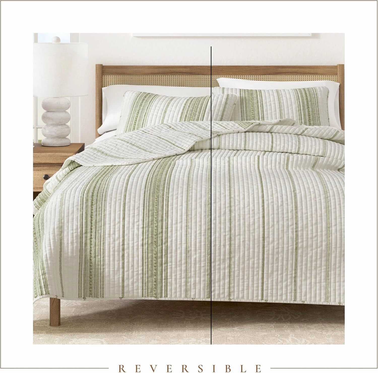 Full/Queen Reversible Quilt Bedding Set - All Season, Modern, Lightweight Bedspreads - White and Green Striped Coverlets (Includes 1 Quilt, 2 Pillow Shams)