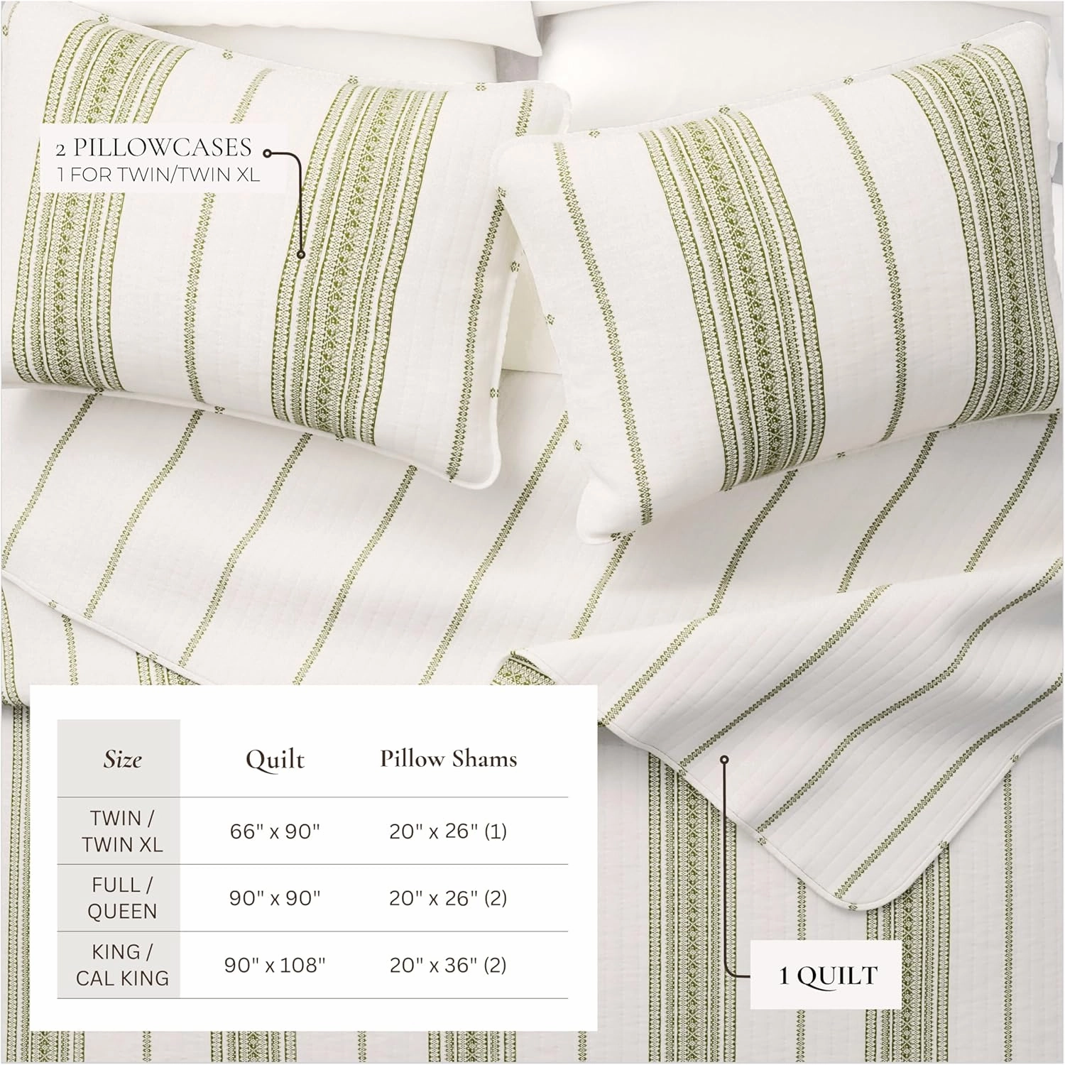 Full/Queen Reversible Quilt Bedding Set - All Season, Modern, Lightweight Bedspreads - White and Green Striped Coverlets (Includes 1 Quilt, 2 Pillow Shams)