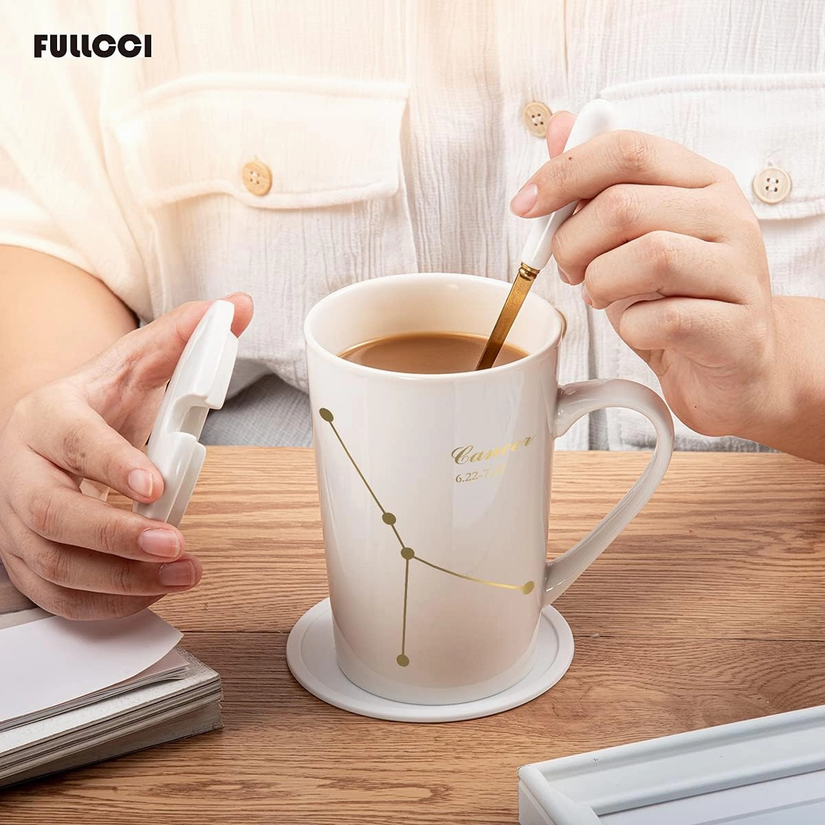 Fullcci-15oz Birthday Gift Creative Constellation Cancer Coffee Mug Set Capacity Upgrade Tea Cup for Cocoa Water Milk Juice (Cancer-White)
