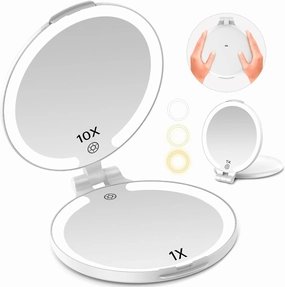 FUNTOUCH 7'' Travel Makeup Mirror with Lights 10X Magnifying, 3 Color Portable Double Side Vanity Mirror with Rechargeable for Travel Essential, Gifts for Women