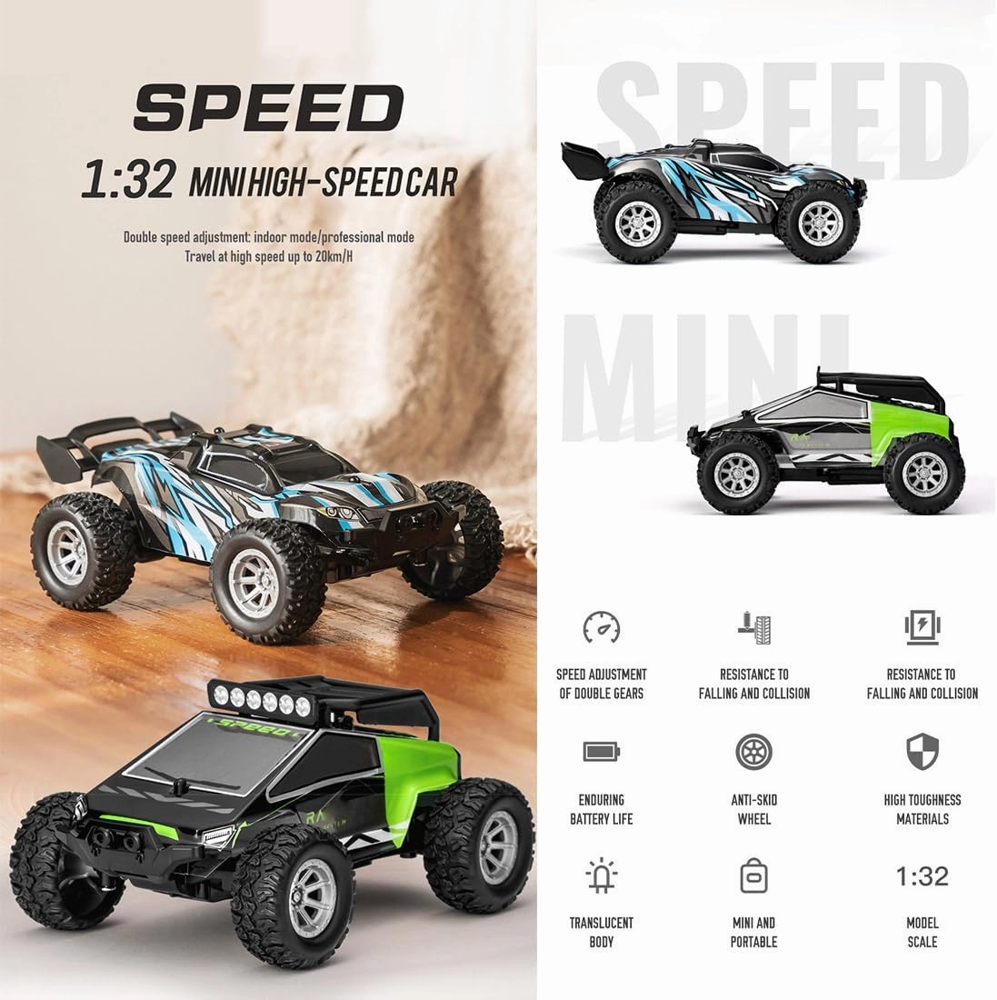 FunXylophy Mini RC Electric Drift Off-Road Vehicle Model, 1:32 2.4G 4WD RC All Terrain Off Road Truck Fast 20KM/H, Halloween Christmas Surprising Gift (RTR Version/Blue)