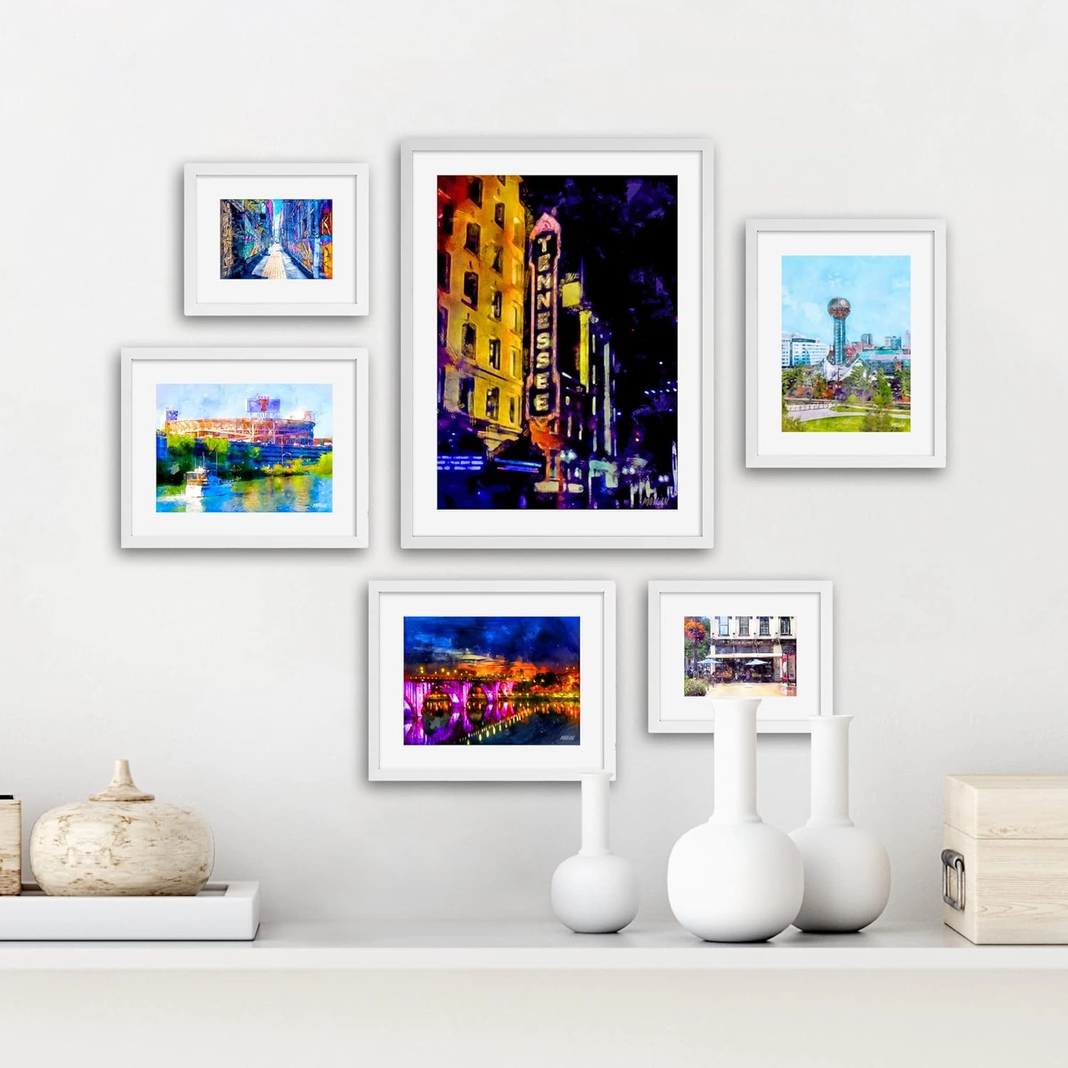 G.O.A.T HOUSE OF CREATIVE Knoxville Wall Art Set of Six, Framed Gallery Paintings of Knoxville Icons, Gay Street Knoxville Prints, Henley Street Bridge Print, Framed Art Prints (White Frames)